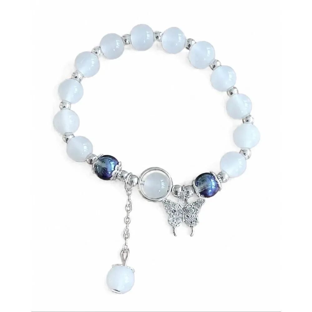 Milky White & Purple Beaded Bracelet with Butterfly Charm